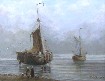 Schilderij Brigitte Corsius: Schepen aan de kust