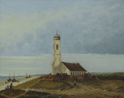 Schilderij Brigitte Corsius: Kerkje aan de kust