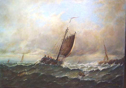 Schilderij Brigitte Corsius: Boomschuit in woeste zee